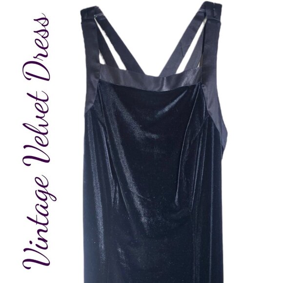 CDC PETITES VINTAGE BLACK VELVET Y2K STRETCHY FORMAL DRESS SATIN STRAPPY BACK, 8 - Picture 3 of 9